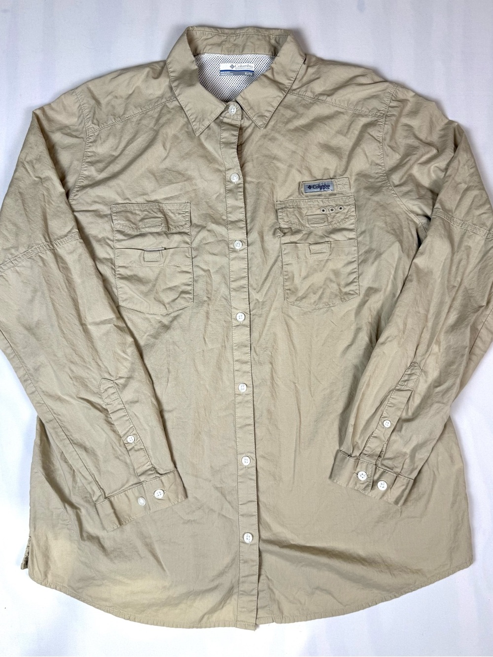 Columbia PFG Fishing Shirt Mens XL Beige Vented Utility Button Up